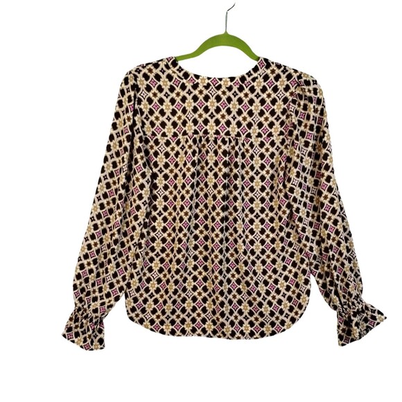 Long Ruffle Sleeve Blouse Women's S Graphic Career Comfort Boack Brown Gathered - Picture 4 of 8